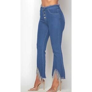 Denim Blvd Los Angeles Cropped Flare Rhinestone Fringe Raw Hem Button Fly Jeans
